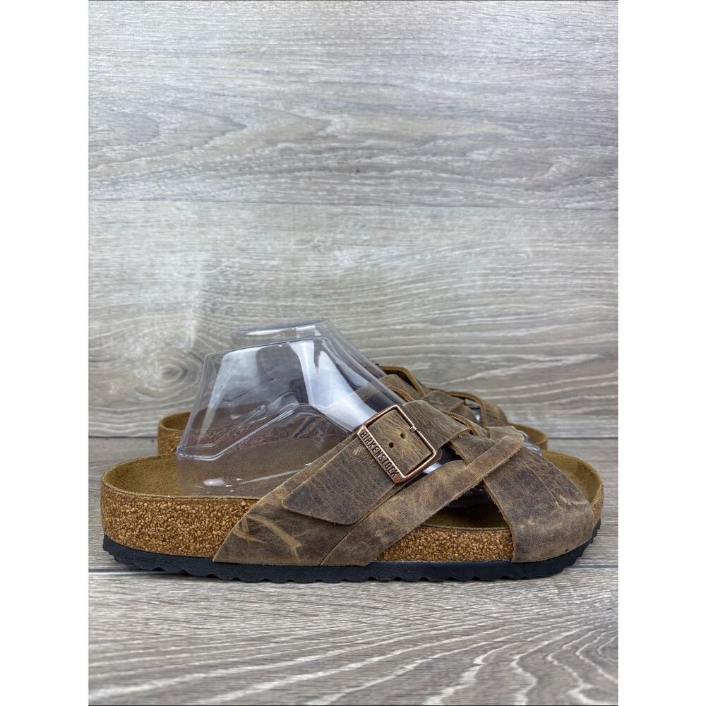 Birkenstock Lugano Men’s Sz 10/EU 43 Camberra Old Tobacco Leather Strap Slides